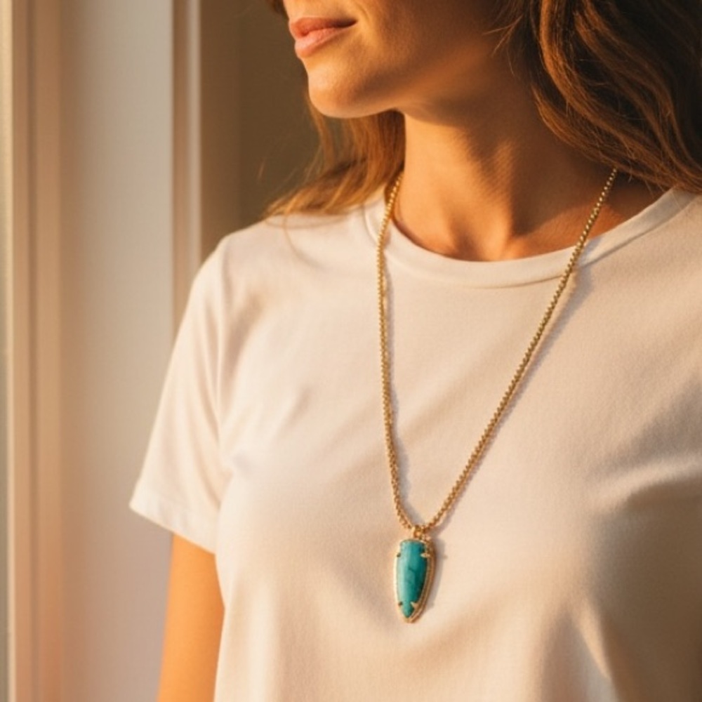 NWOT Kendra Scott 14K Gold Skylar Long Pendant Necklace, Variegated Turquoise
